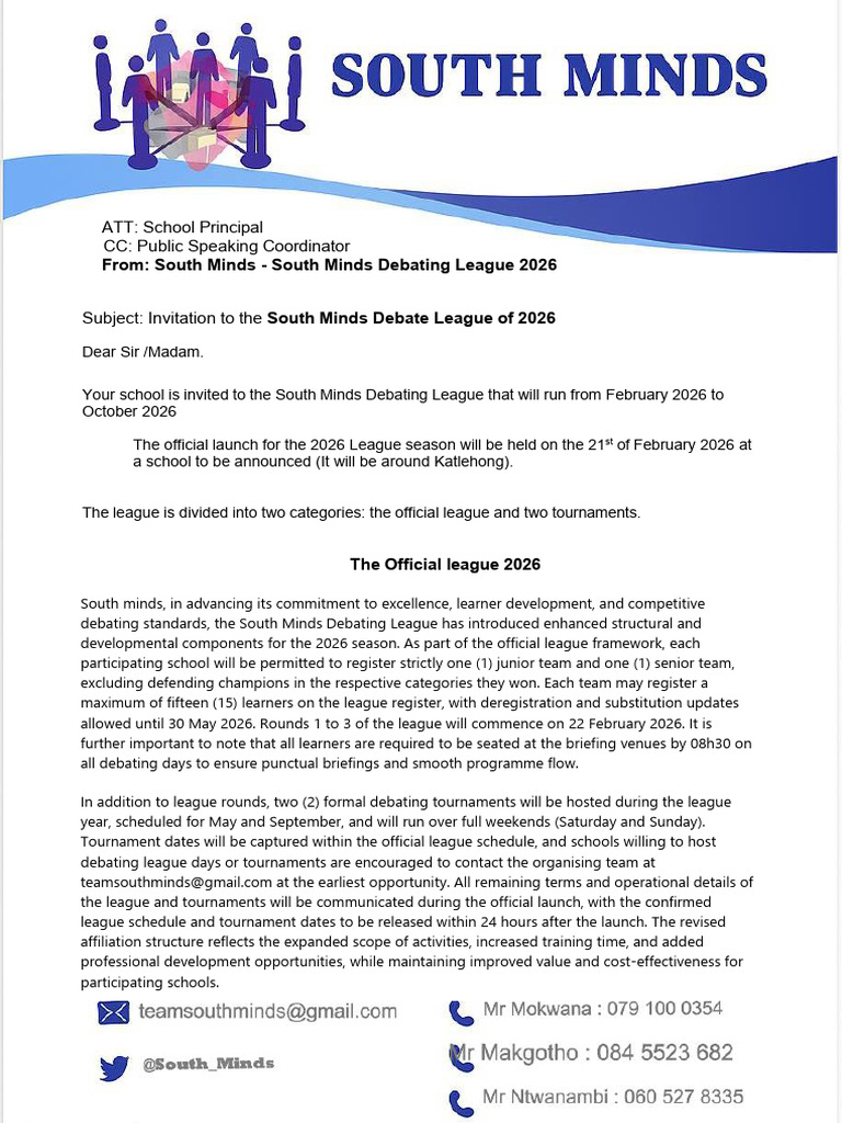 South Minds 2026 Debating League Invitation 2026 | PDF
