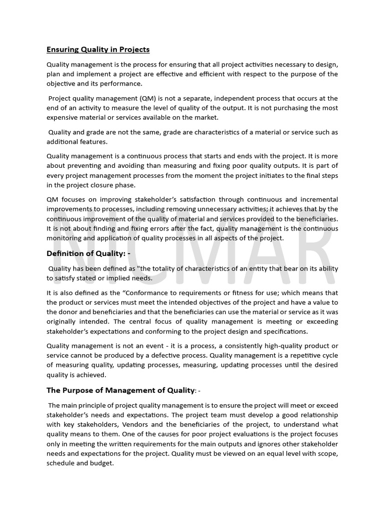 Ensuring Quality in Projects Pre Read Material | PDF | Audit | Quality ...