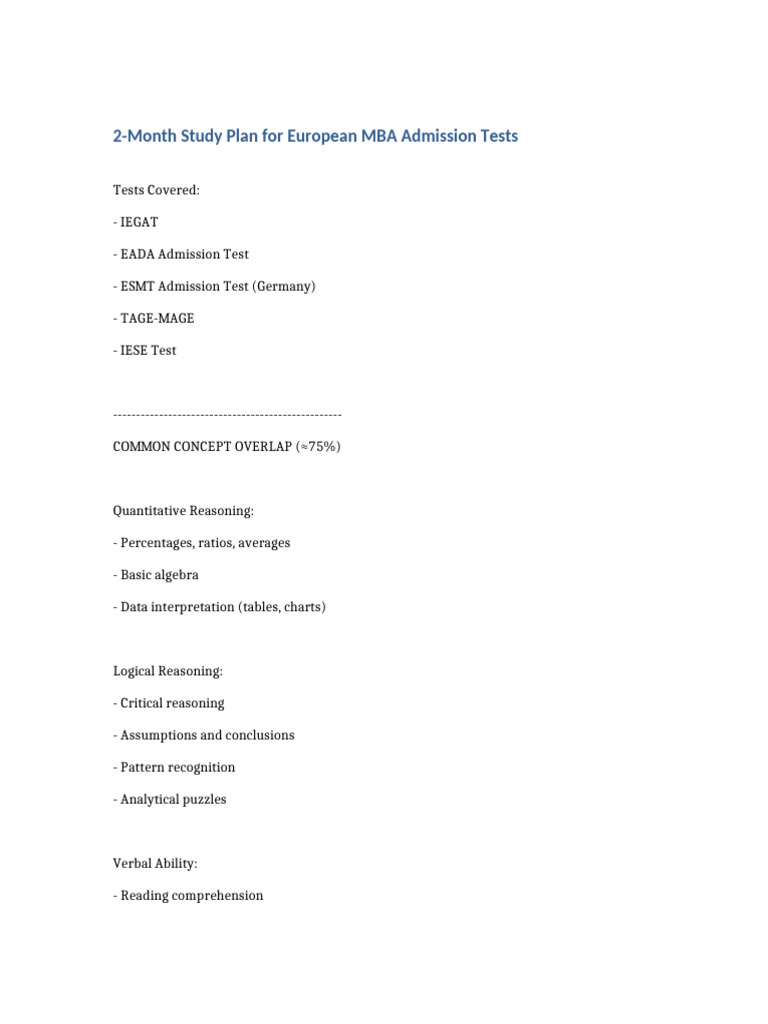 European MBA Admission Tests Study Plan | PDF