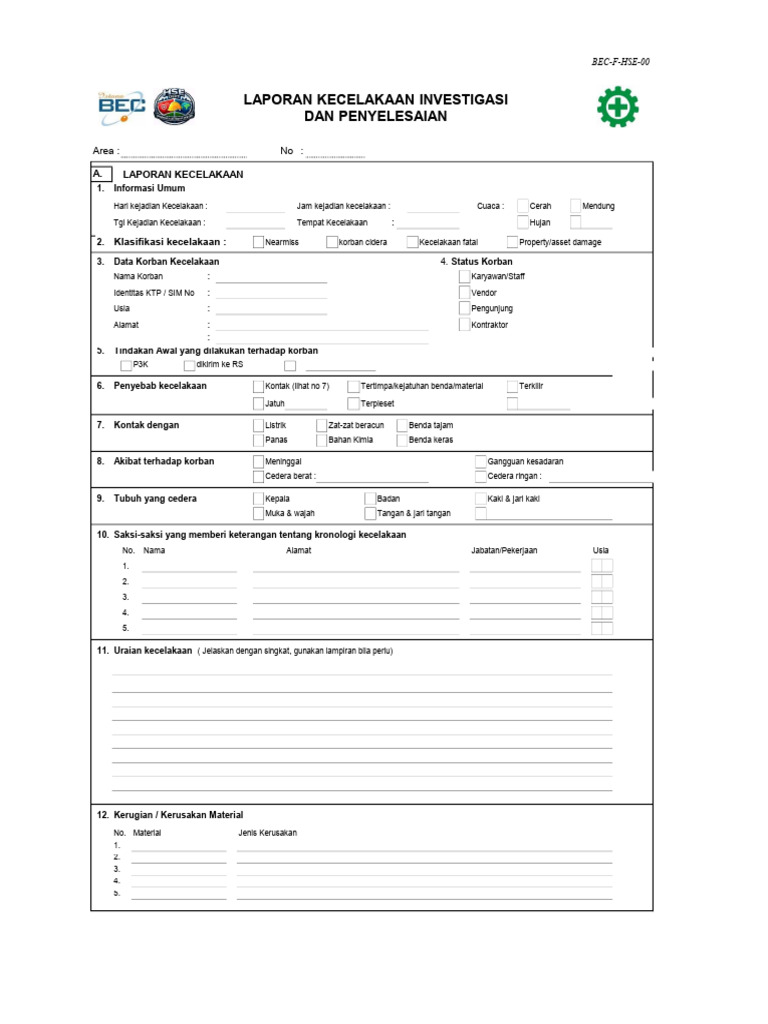 HSE BEC - Form Investigasi Kecelakaan | PDF