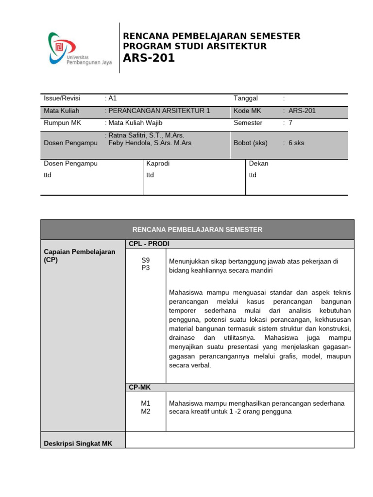 CONTOH RPS ARC 201 RPS Perancangan Arsitektur 1 | PDF