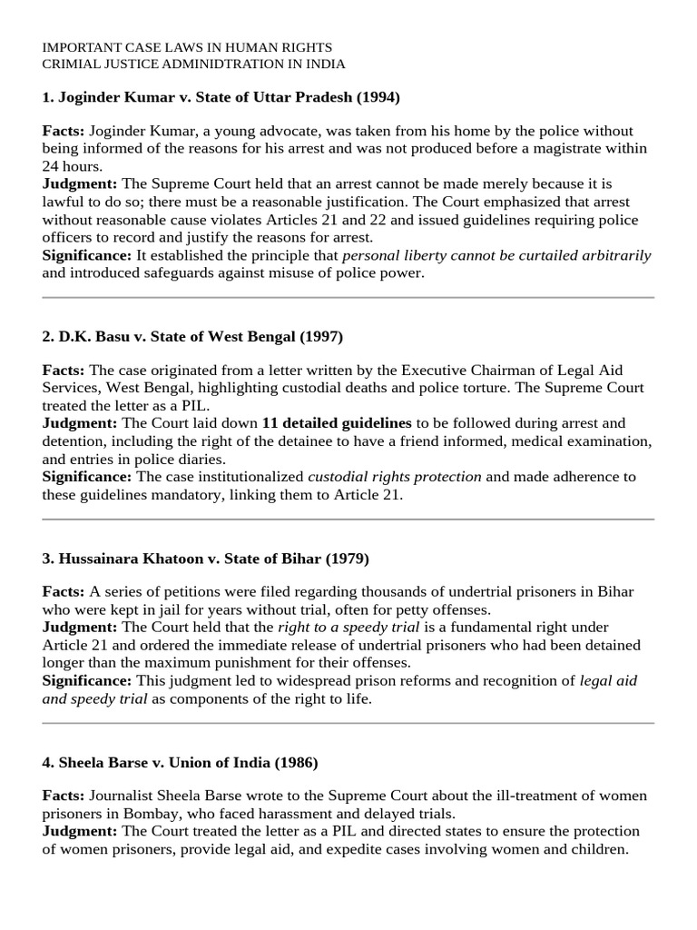 Important Case Laws in Human Rights | PDF | Handcuffs | Arrest