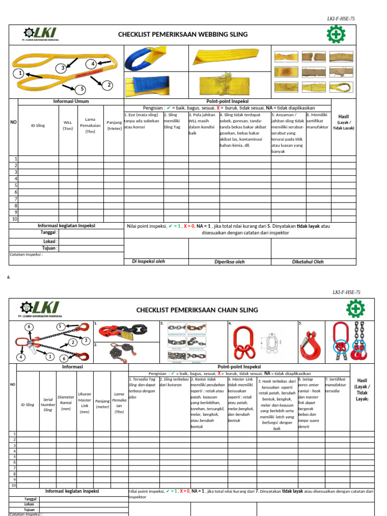 LKI F HSE 75 Sling Inspection Checklist | PDF