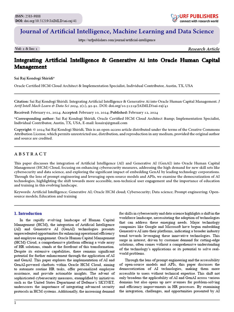 Integrating Artificial Intelligence & Generative Ai Into Oracle Human ...
