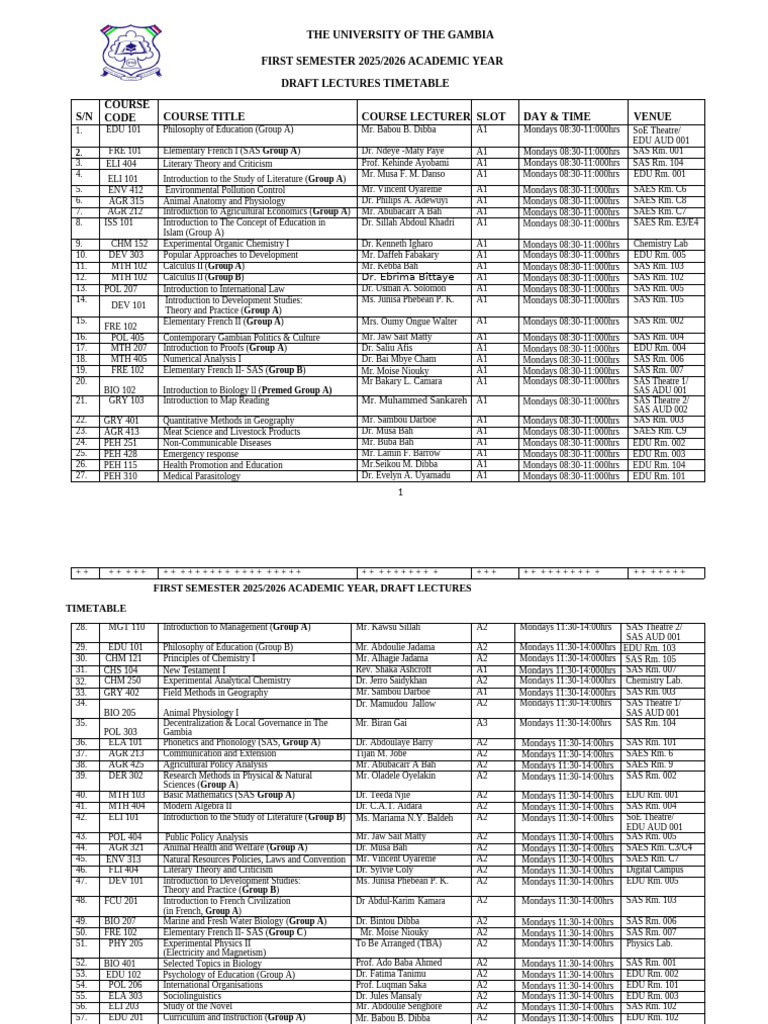 Draft Lect Timetable 1st Semester 2025 - 2026 | PDF