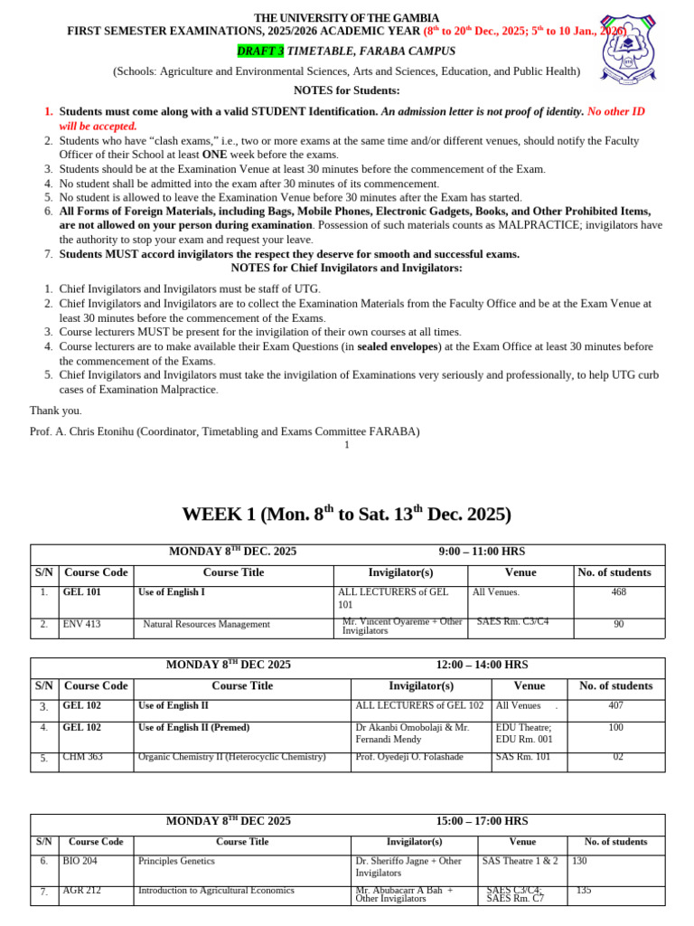 DRAFT 3 Timetable 1st Sem Exams 2025 - 2026 | PDF