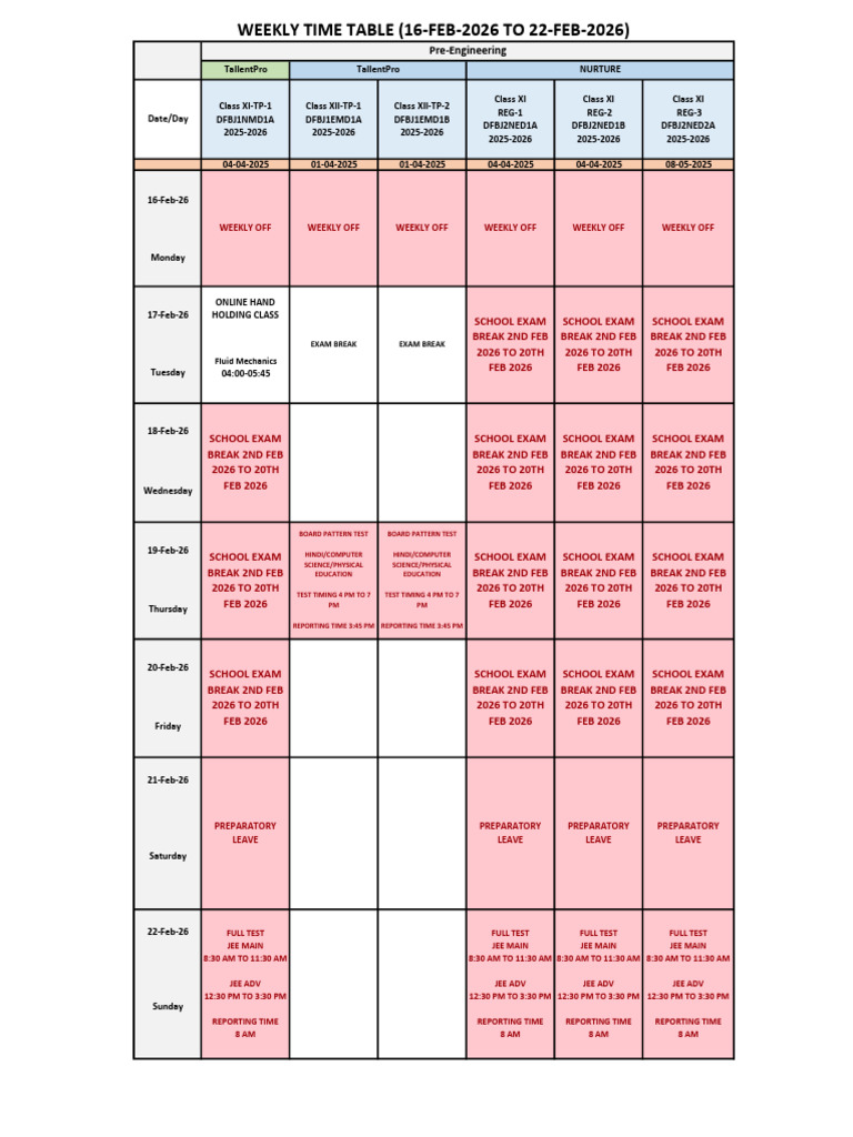 Jee Time Table 16 Feb To 22 Feb | PDF | Standardized Tests | Student ...