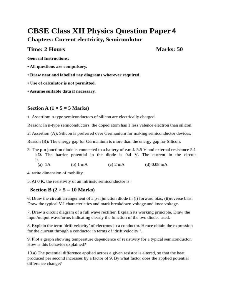 CBSE Class XII Physics Question Paper 4 | PDF | P–N Junction ...