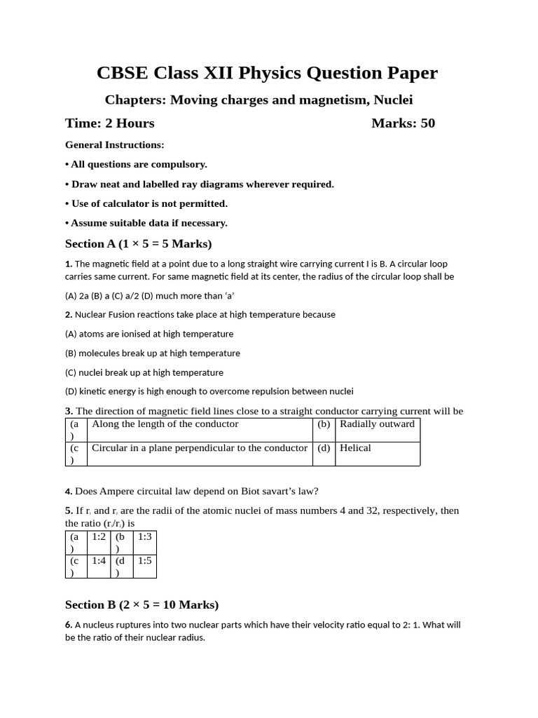 CBSE Class XII Physics Question Paper 3 | PDF | Magnetic Field ...