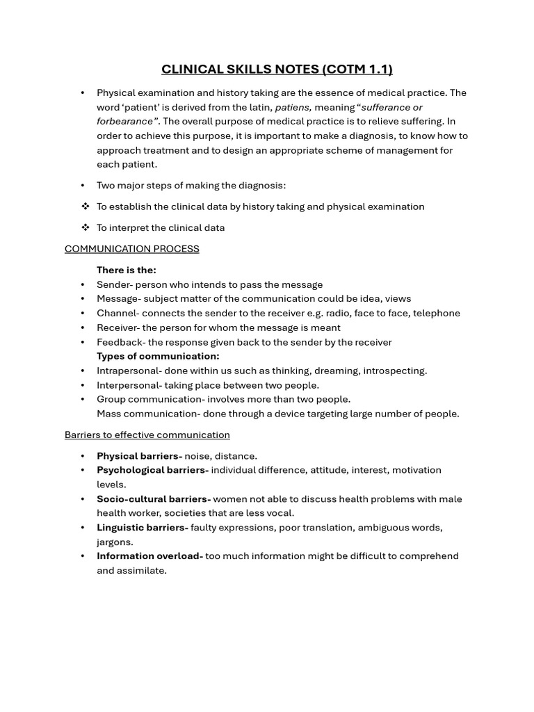 Clinical Skills Notes - Cotm 1.1 | PDF | Communication | Nonverbal ...