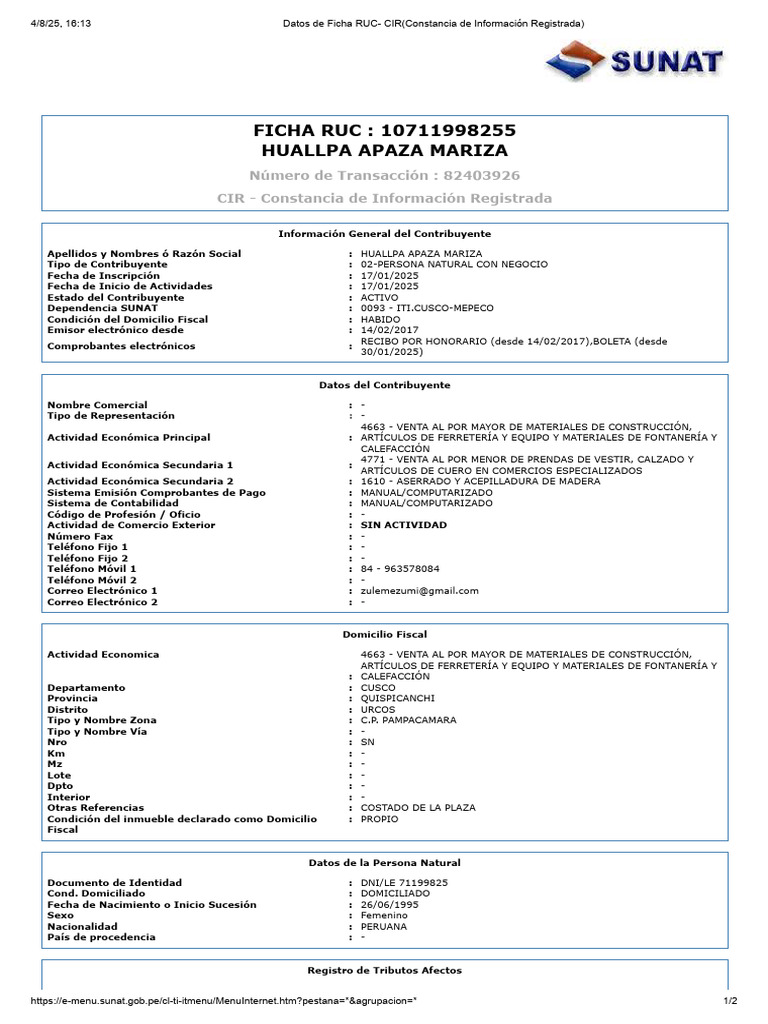Ficha Ruc Mariza Maderas | PDF | Documento de identidad