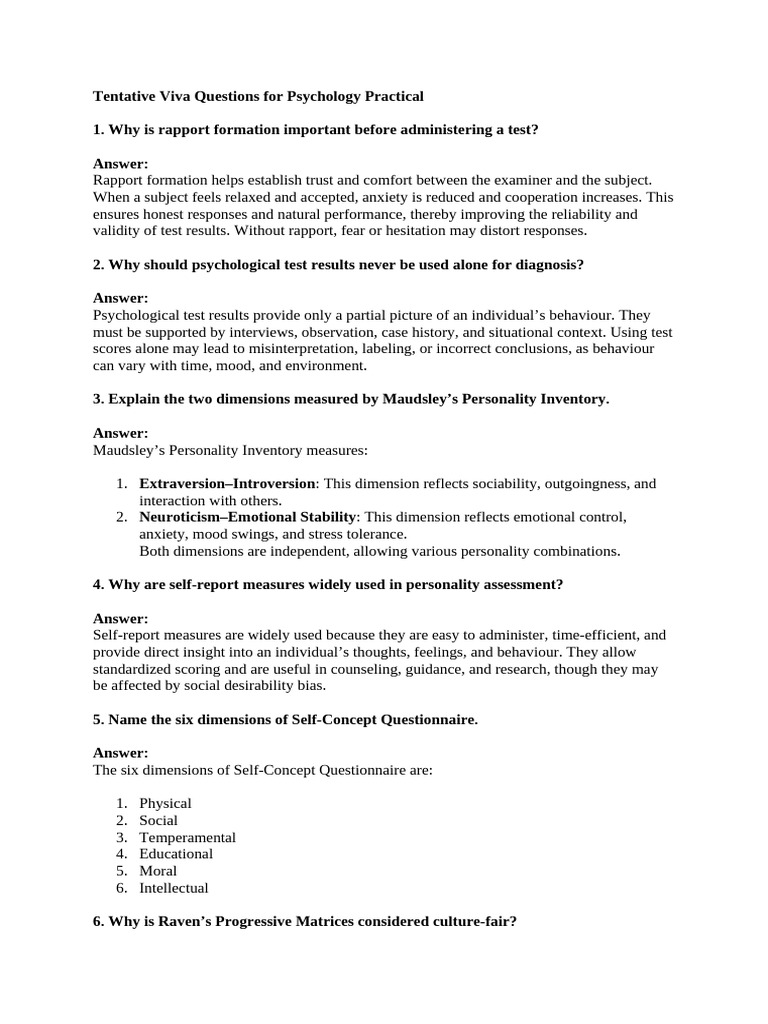 Tentative Viva Questions For Psychology Practical | PDF | Self Concept ...