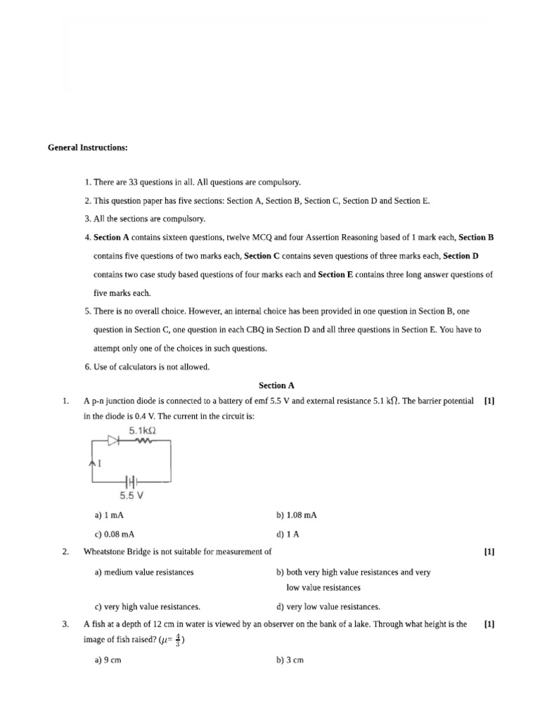 Class 12th Physics Pre Board II Set A 2025-26 | PDF
