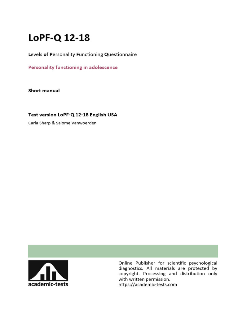 LoPF-Q 12-18 English USA Short Manual | PDF | Personality Disorder ...