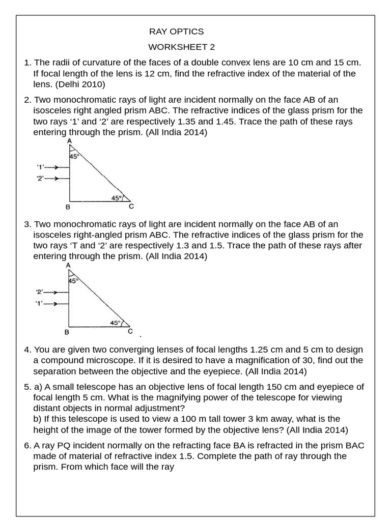 Ray Optics Worksheet-2 | PDF | Electromagnetic Spectrum | Applied And ...