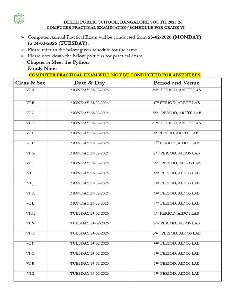Grade 6 - Annual Computer Lab Exam Time Table | PDF