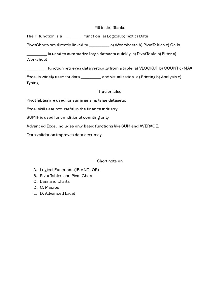 Advanced Excel Question Bank For Class Test | PDF