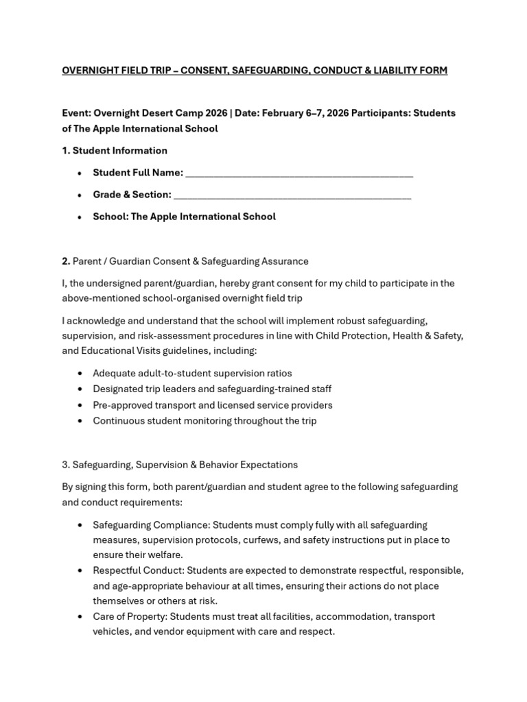 Overnight Field Trip Consent Form AIS | PDF | Informed Consent | Safety