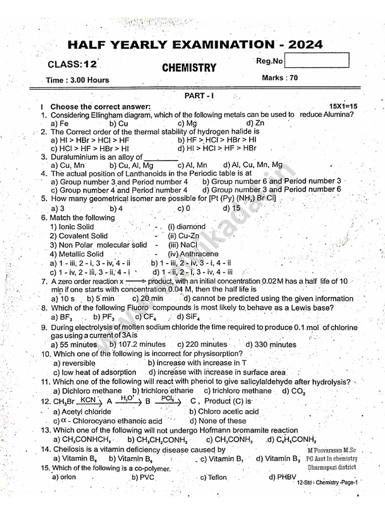 12th STD Chemistry English Medium Half Yearly Examination 2024 | PDF