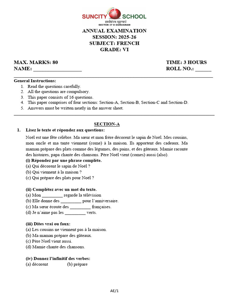GR Vi French Sample Paper Ae-25-26 | PDF