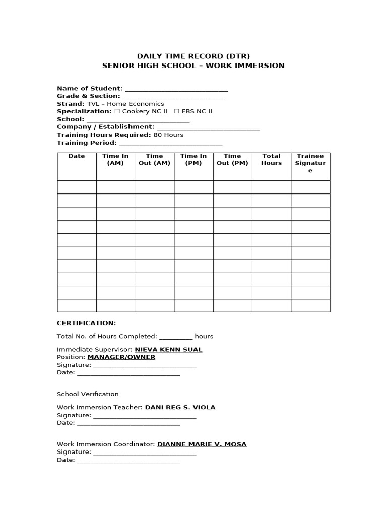 Work Immersion DTR For Students Final | PDF