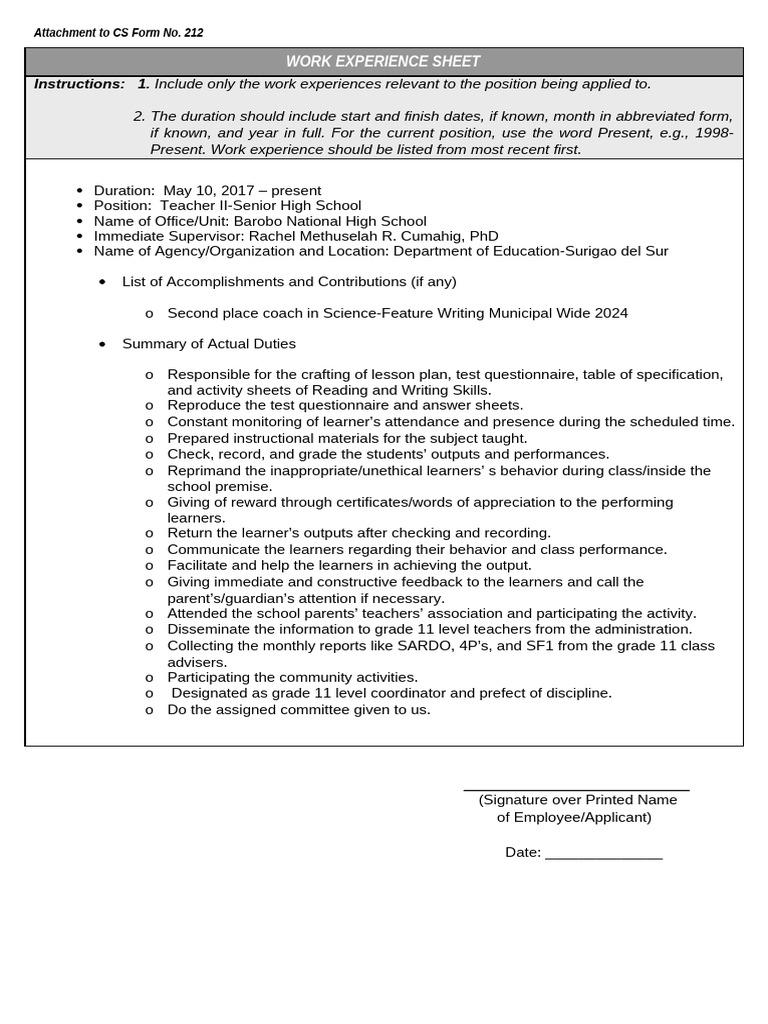 ANNEX H-2 - CS Form No. 212 Attachment - Work Experience Sheet NEW ...