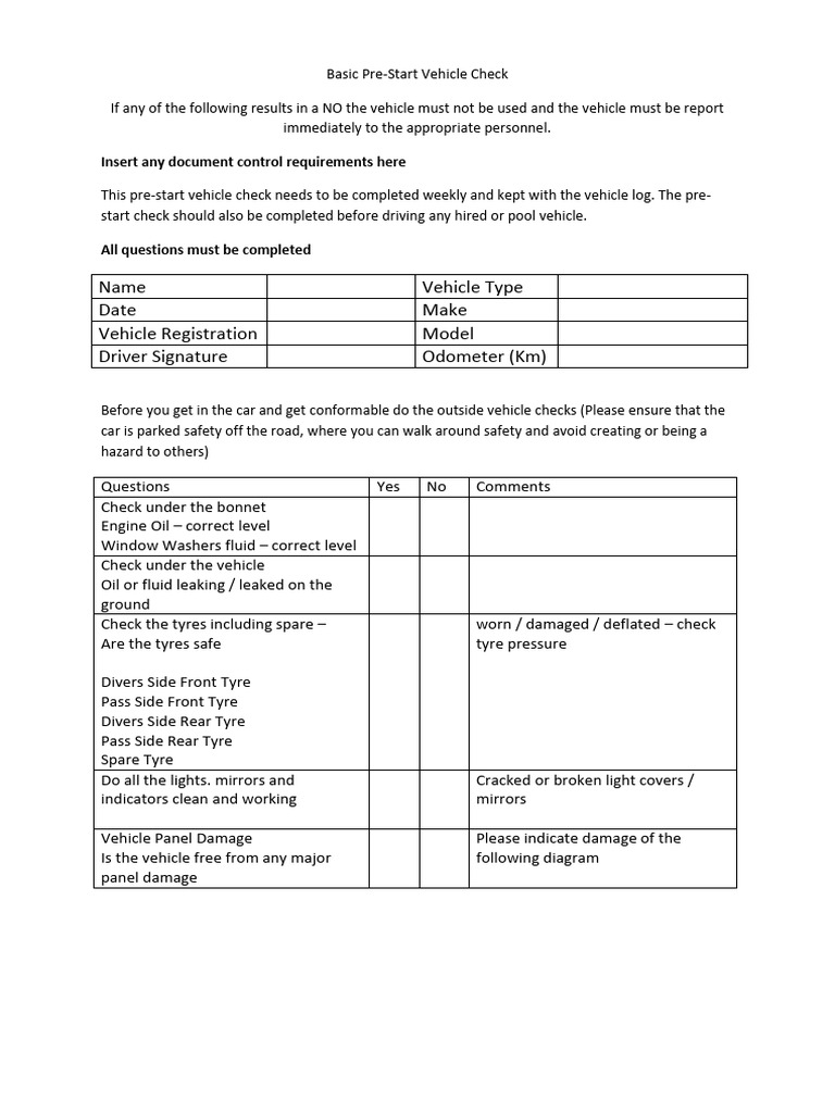 Basic Pre Start Vehicle Check | PDF | Vehicles | Tire