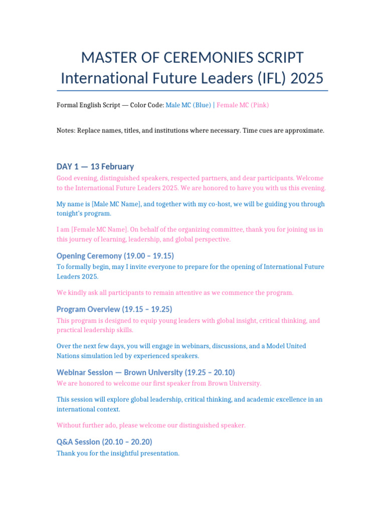 IFL 2025 MC Script Color Coded | PDF