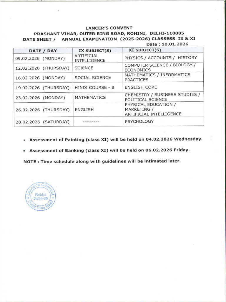 Annual Date Sheet (Class Ix & Xi) 2025-2026 | PDF