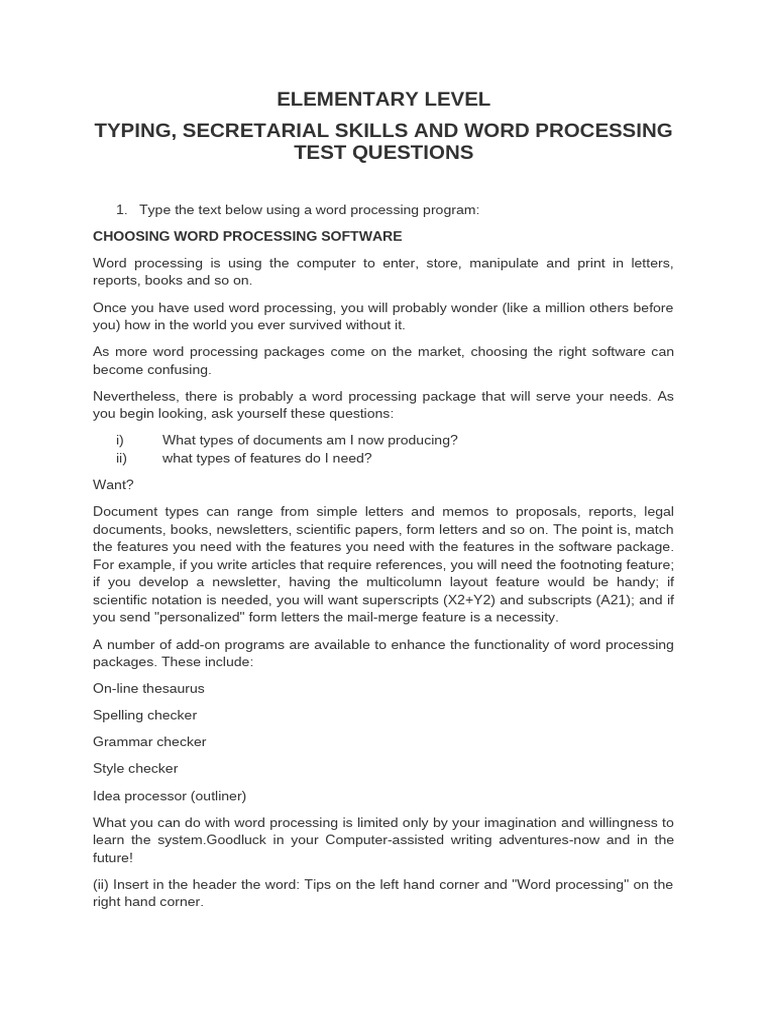 Elementary Test For Word Processing | PDF | Word Processor | Paragraph