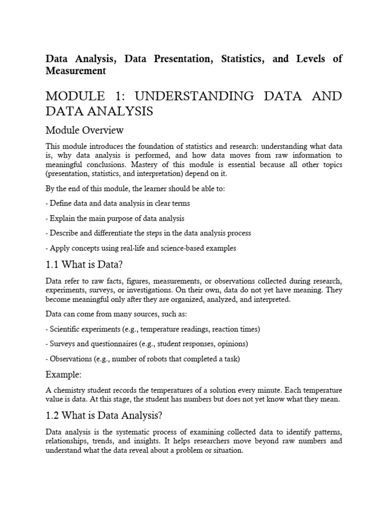 Summary Data Analysis Data Presentation Statistics and Levels of ...
