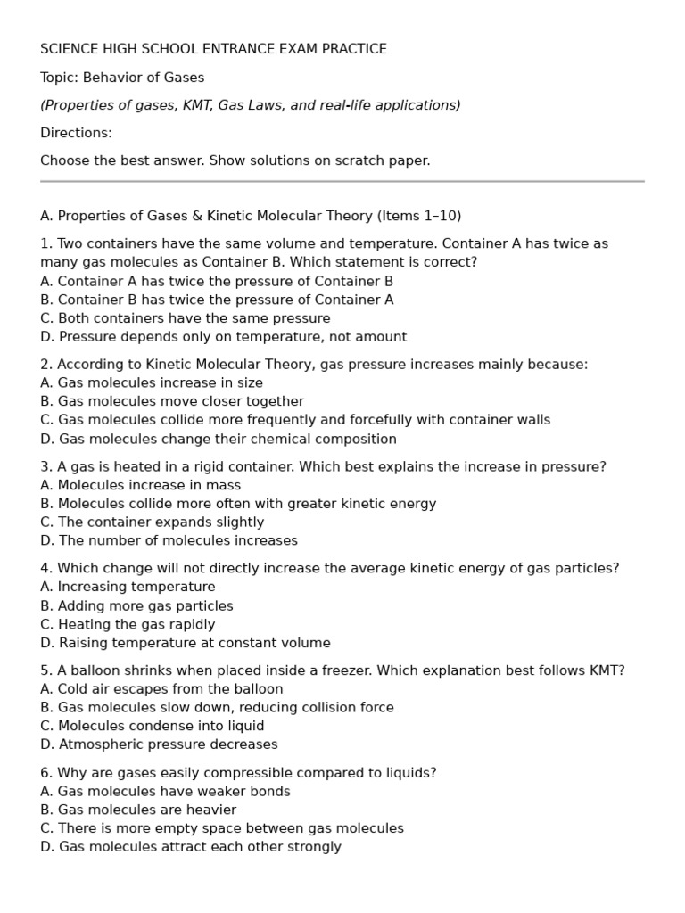 Science Entrance Test Reviewer - Chemistry | PDF | Gases | Chemical ...