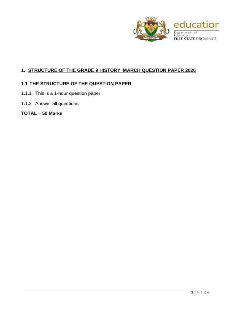Grade 9 History Examination Framework For MARCH 2026 | PDF