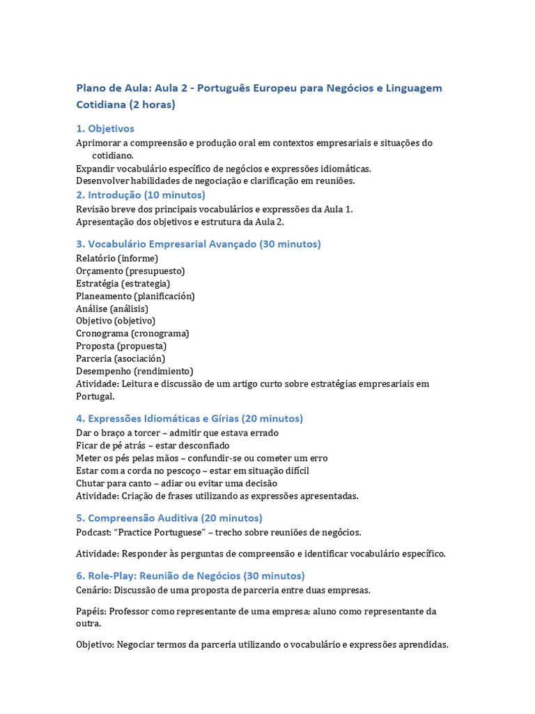 Plano de Aula - Negócios 2 | PDF