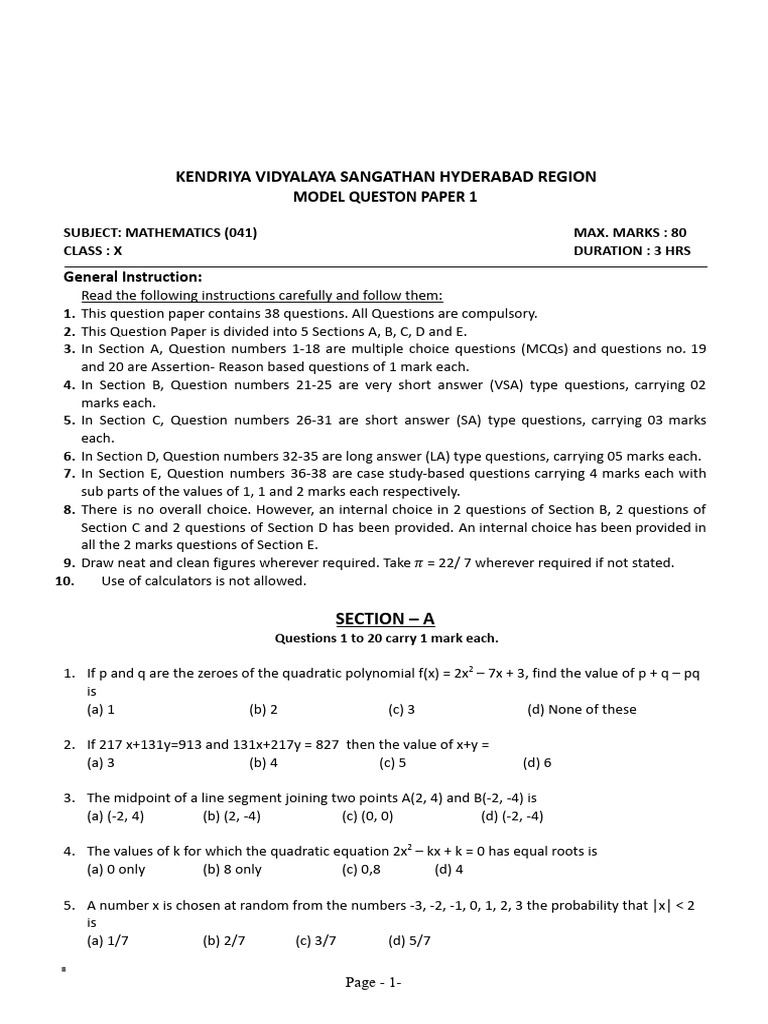 Sample Paper - 1 | PDF | Mathematics | Algebra
