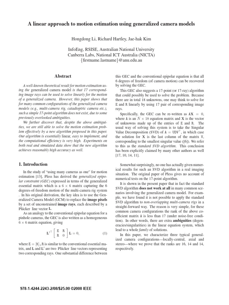A Linear Approach To Motion Estimation Using Generalized Camera Models ...