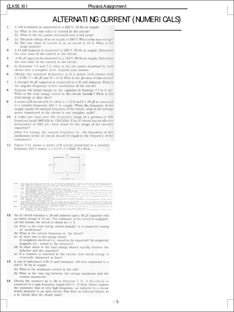 Alternating Current & Numericals +2 Phy Assign (05.08.2017) | PDF