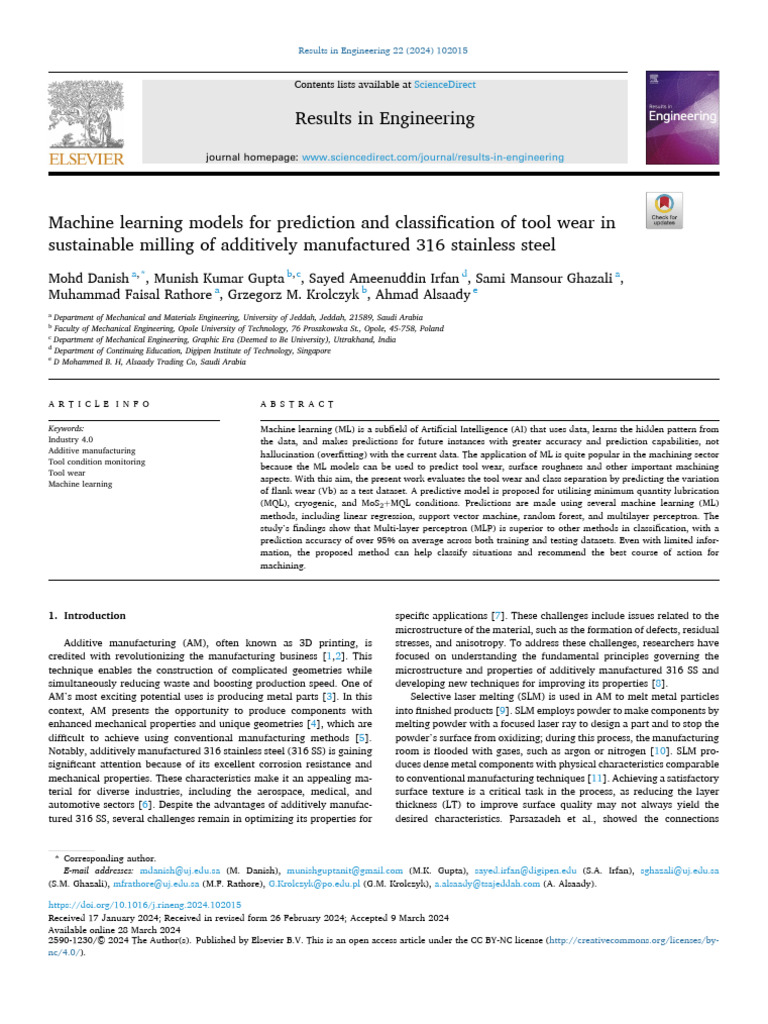 Machine Learning Models For Prediction and Classification of Tool Wear ...