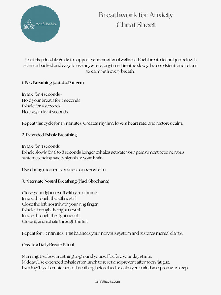 Breathwork For Anxiety Cheat Sheet | PDF
