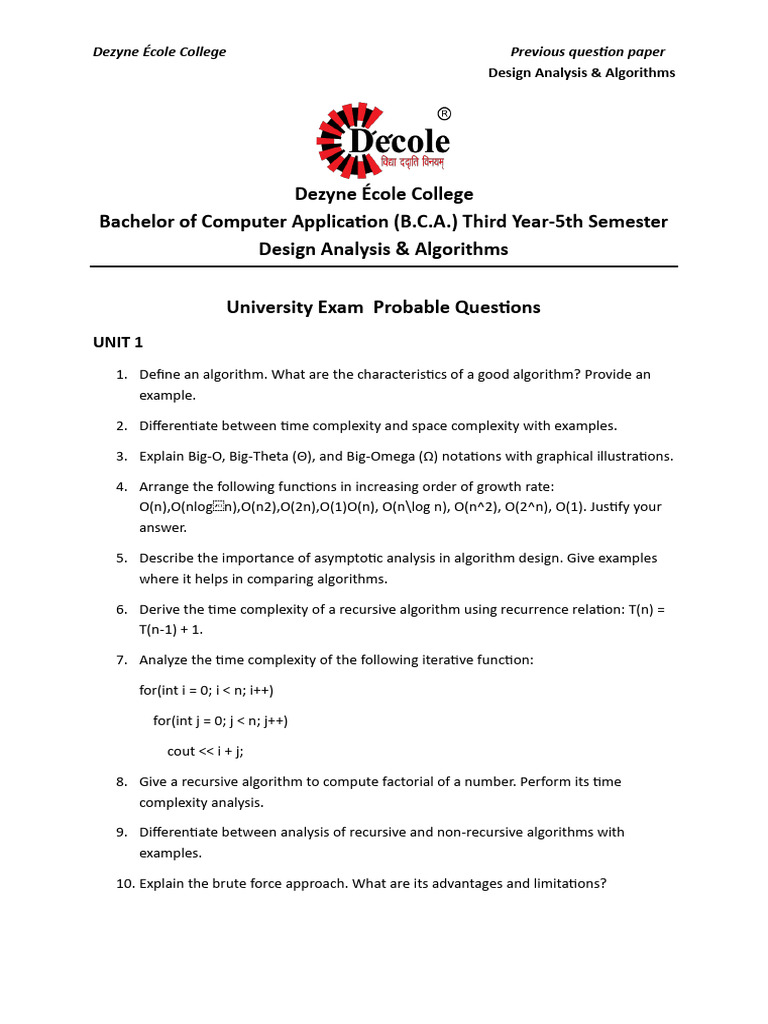 Design Analysis and Algorithms Question Bank | PDF | Mathematics ...