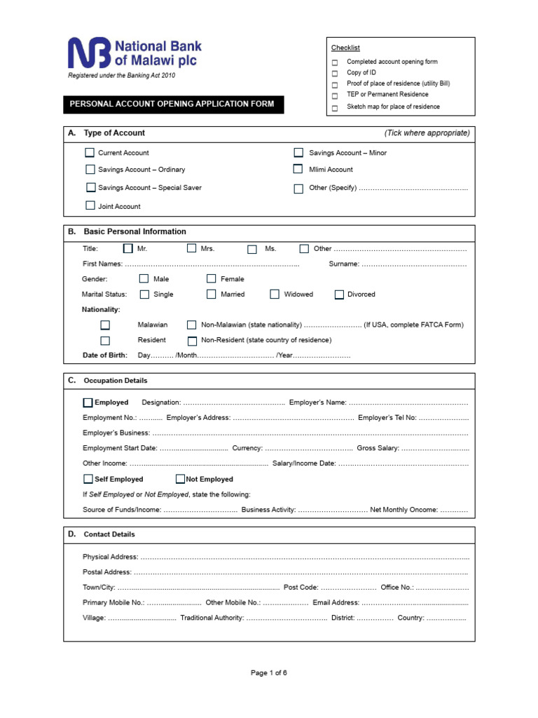 Personal Account Opening Application Form | PDF | Cheque | Payments