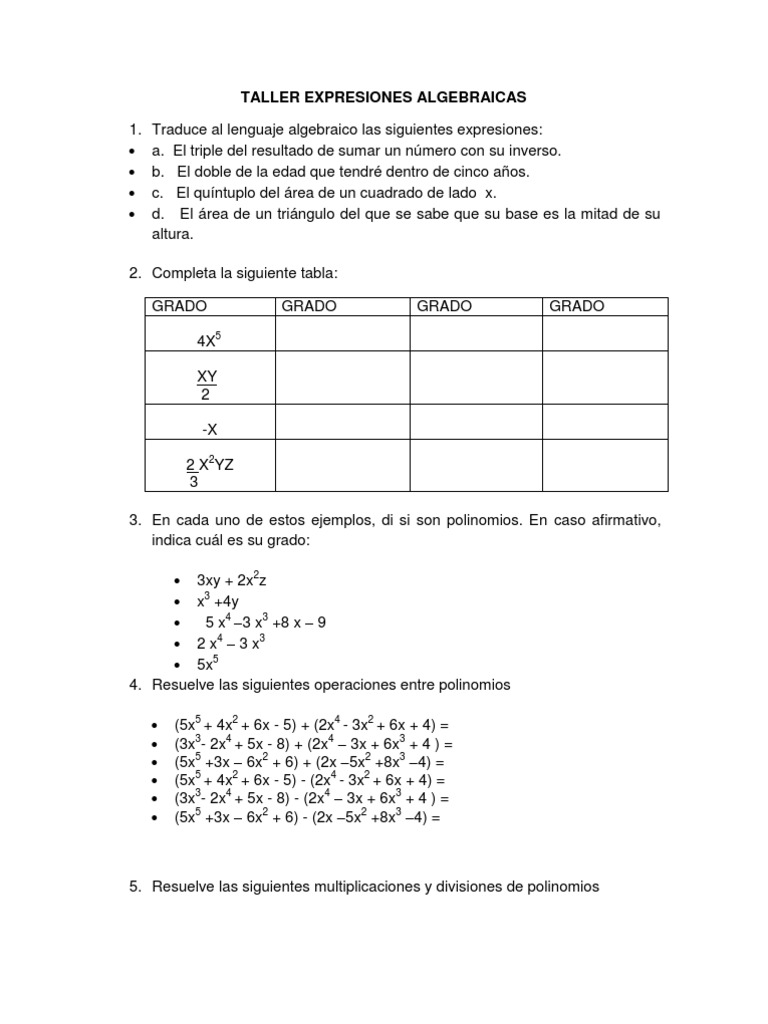 Taller de Expresiones Algebraicas | PDF