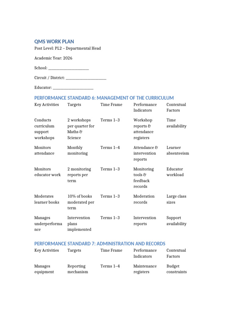 Qms Pl2 Work Plan Full | PDF