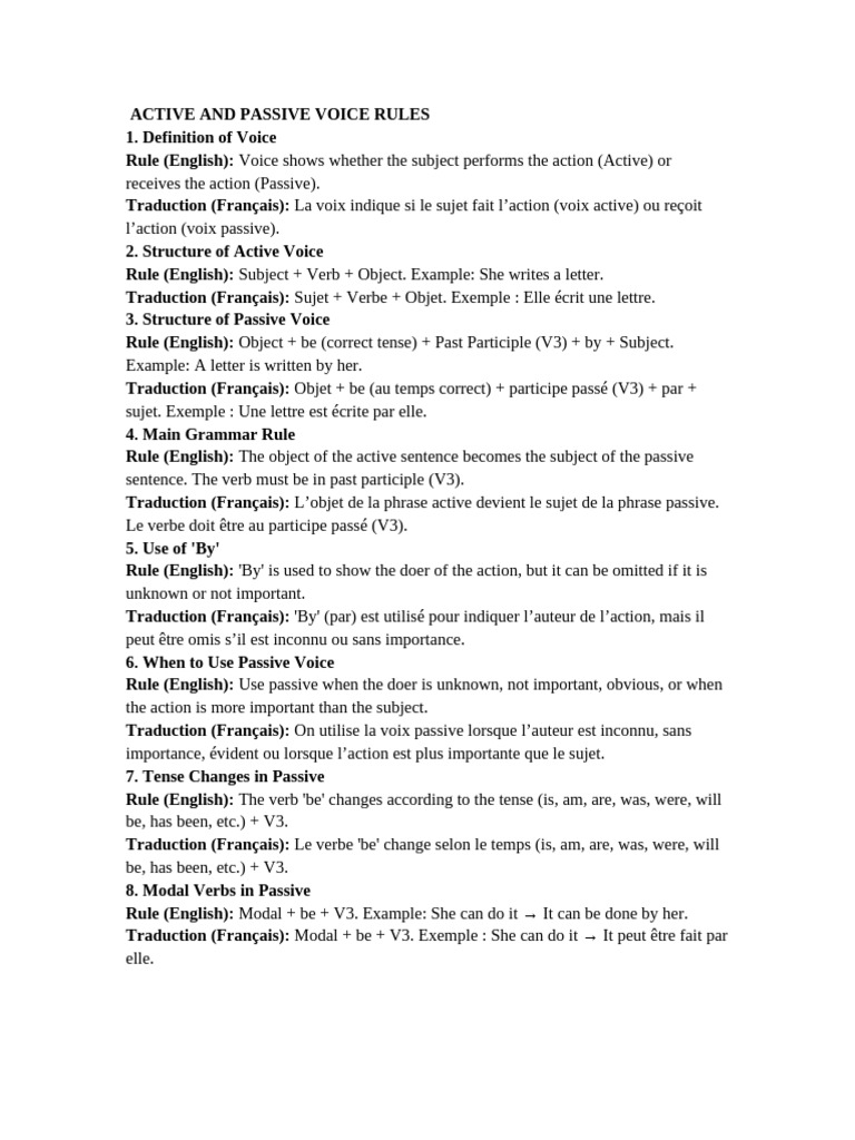 Summary Active and Passive Voice Rules ESL | PDF | Sémantique ...