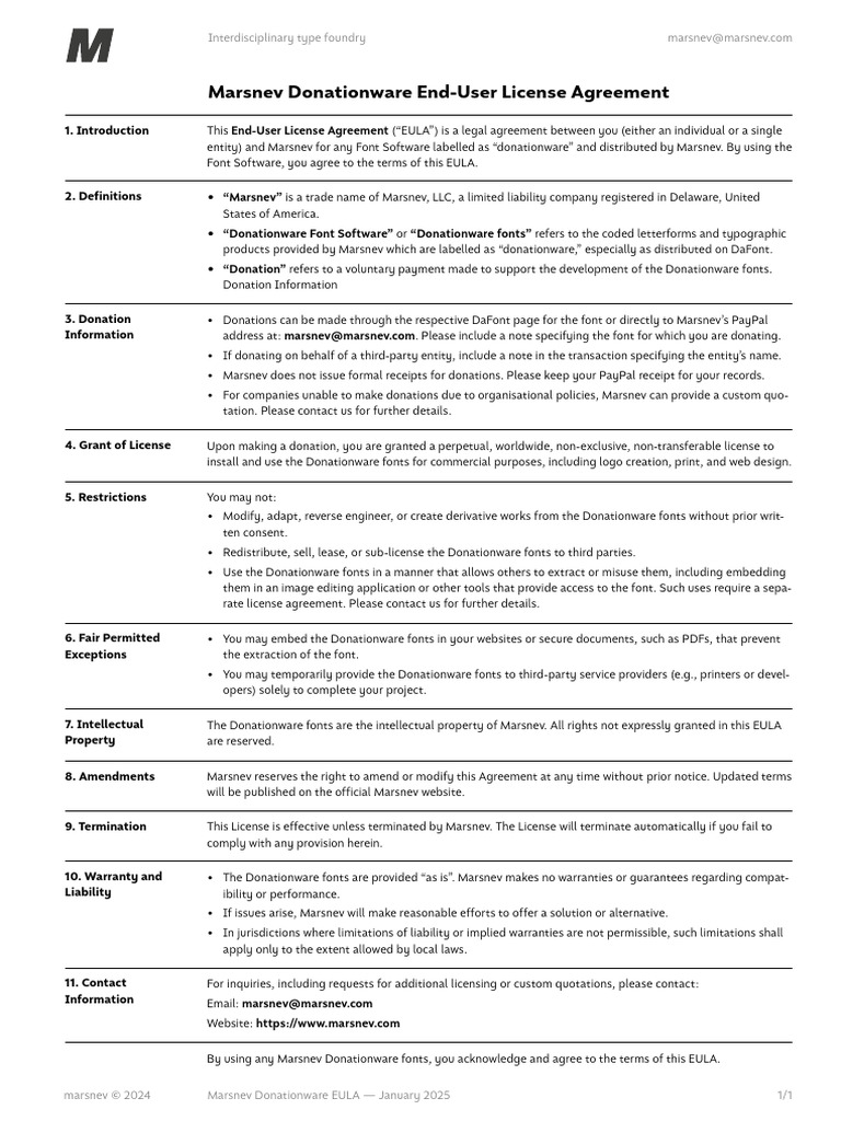 Marsnev Donationware EULA - 2025 | PDF | License | Business Law