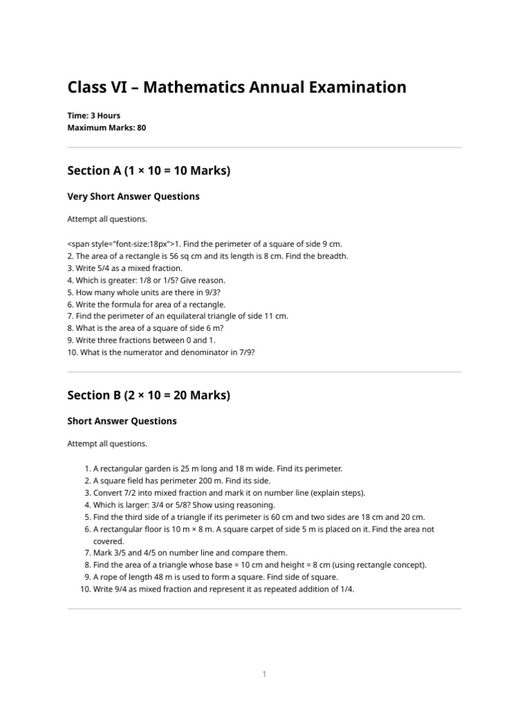 Class 6 Maths Annual Exam Paper | PDF | Area | Rectangle