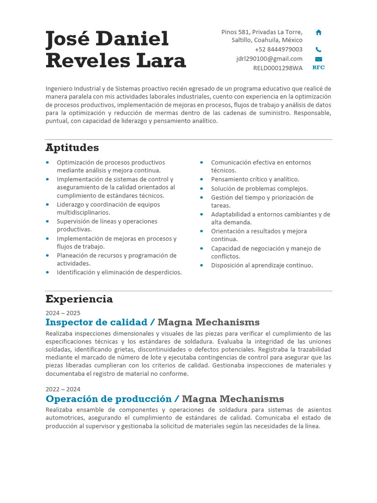 José Daniel Reveles Lara CV | PDF