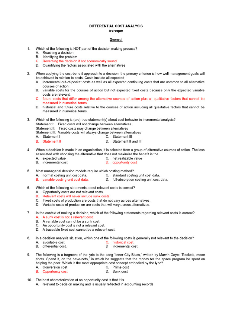 09 Differential Cost Analysis Sample Exam Key | PDF | Opportunity Cost ...