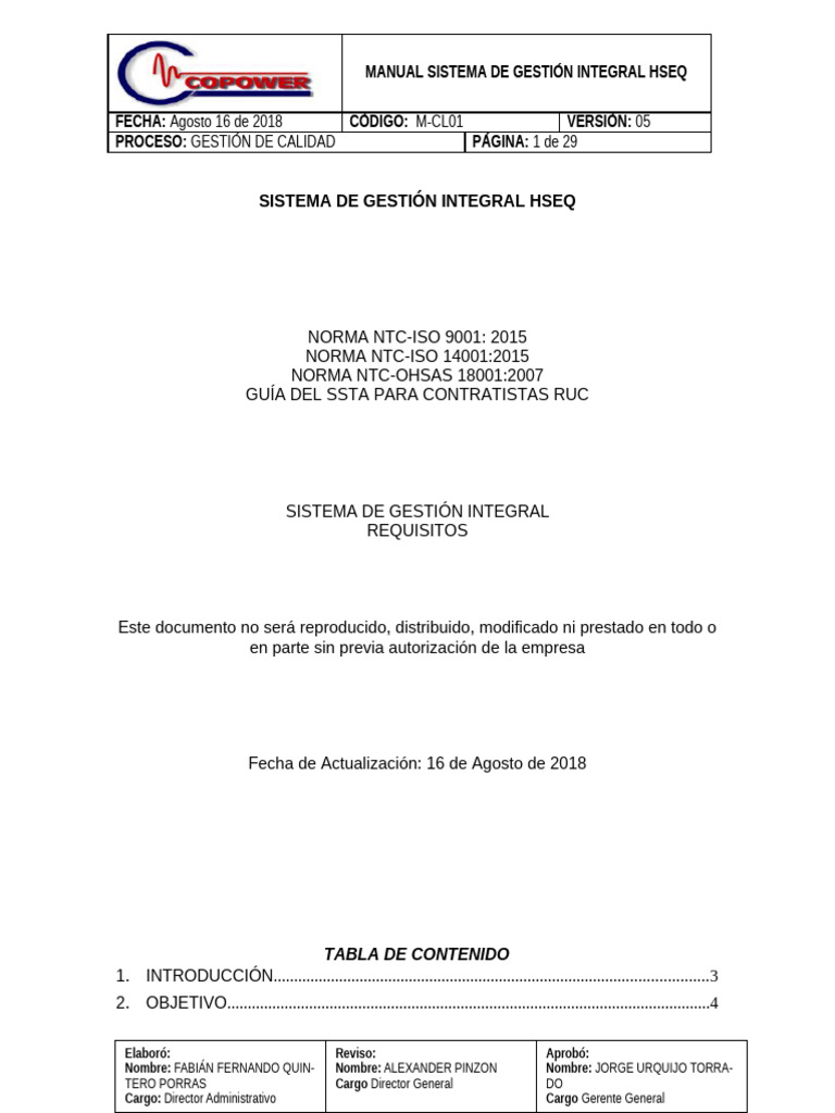 Manual Sistema de Gestión Integral Hseq | PDF | Sistema de manejo de ...