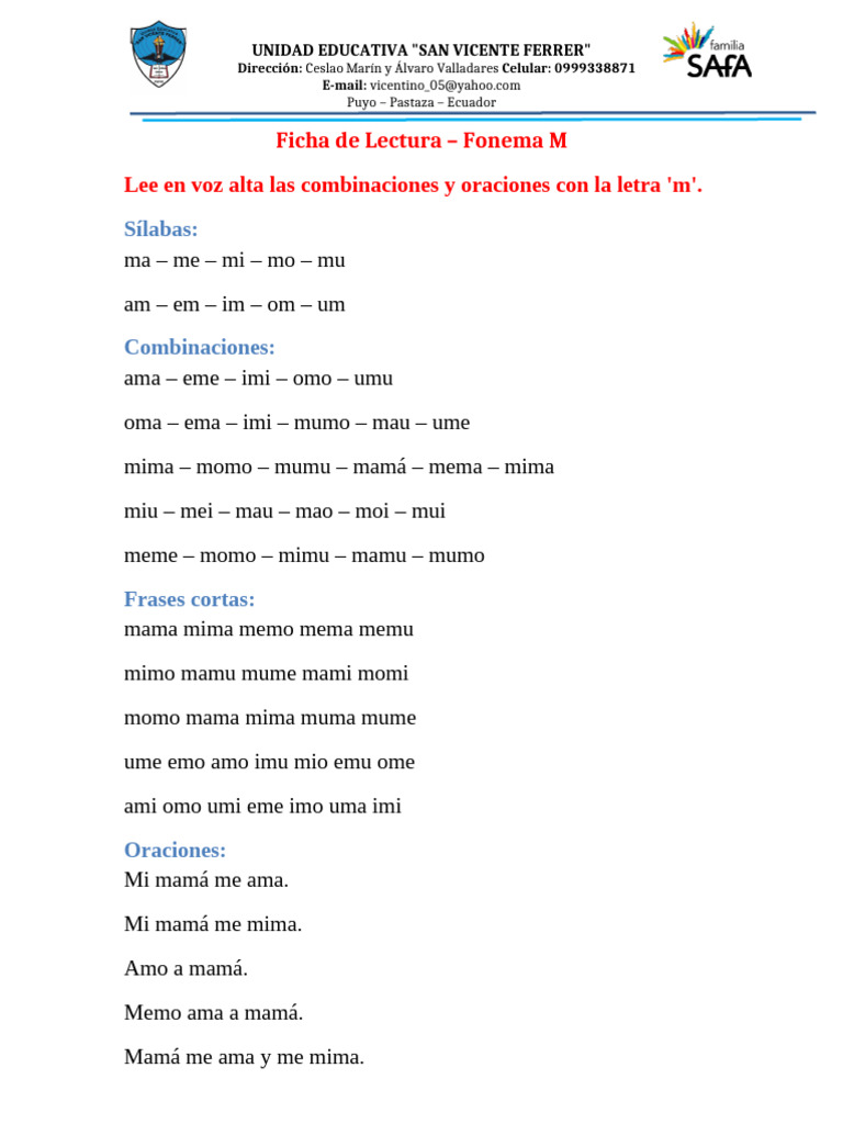 Ficha de Lectura Fonema M | PDF
